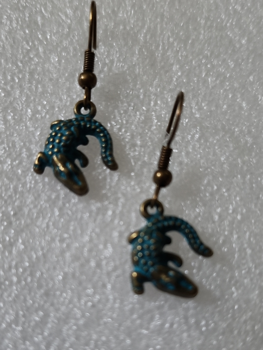 Hand Crafted Teal and Bronze Tone Alligator Drop Earrings